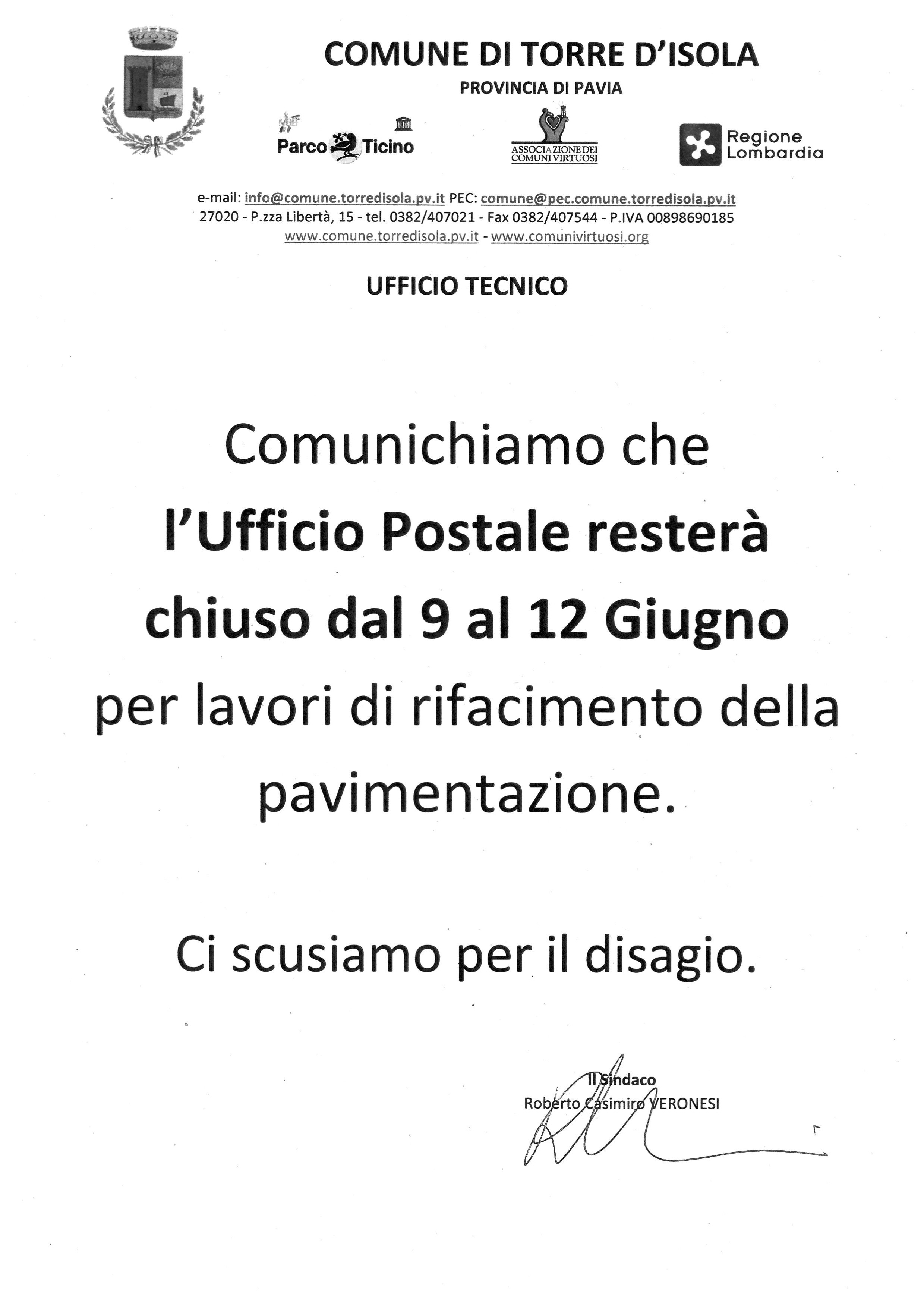 Chiusura Ufficio Postale - Lavori di manutenzione